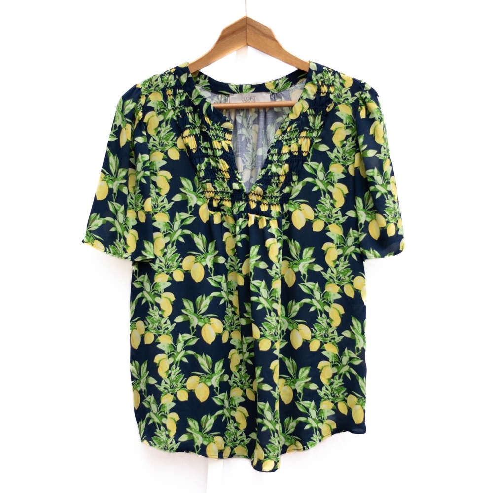LOFT Lemon‎ Blouse Women's Medium Smocked Top Flowy Bell Sleeve Spring Easter